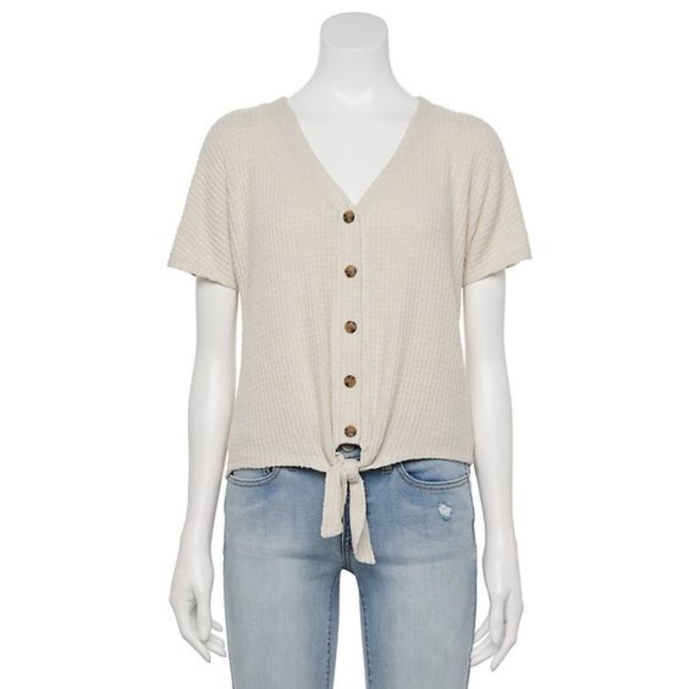 Pink Republic NWT Short Sleeve Tie Front Top Cream Small Juniors Wafffle Knit